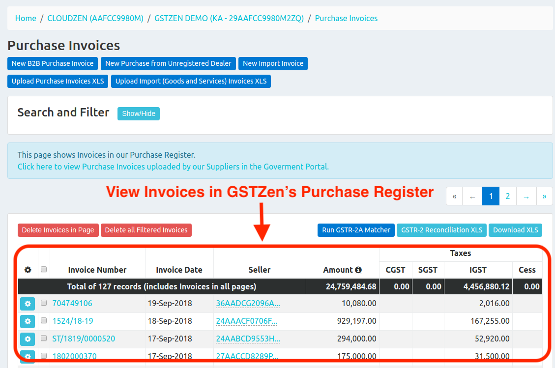 View invoices in GSTZen's Purchase Register