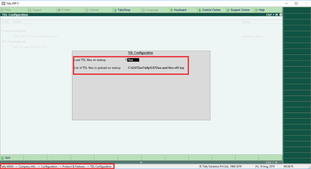 GSTZen TDL Settings in Tally ERP 9