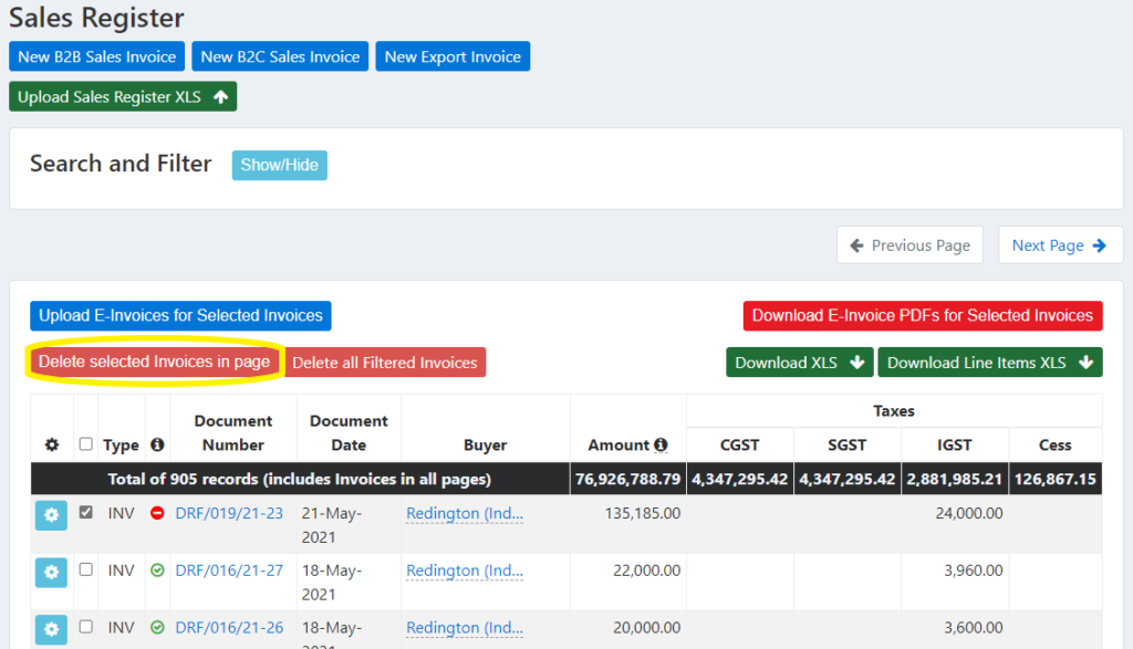 Delete Invoice in GSTZen Sales Register